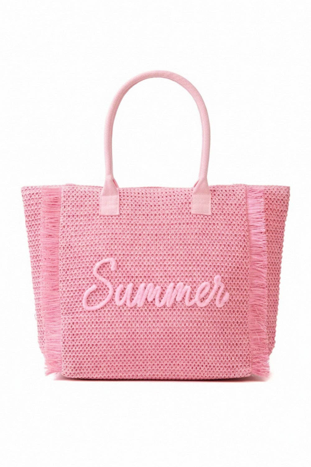 Woven Summer Embroidered Straw Fringe Tote Bag: Pink