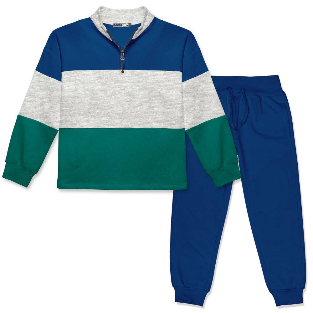 Boys Gray & Blue Color Block Jogger Set