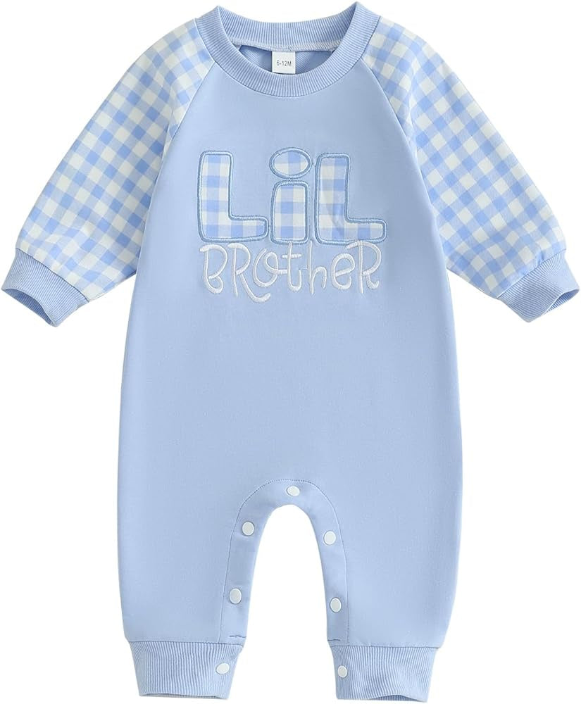 Blue Gingham Lil Brother Long Romper