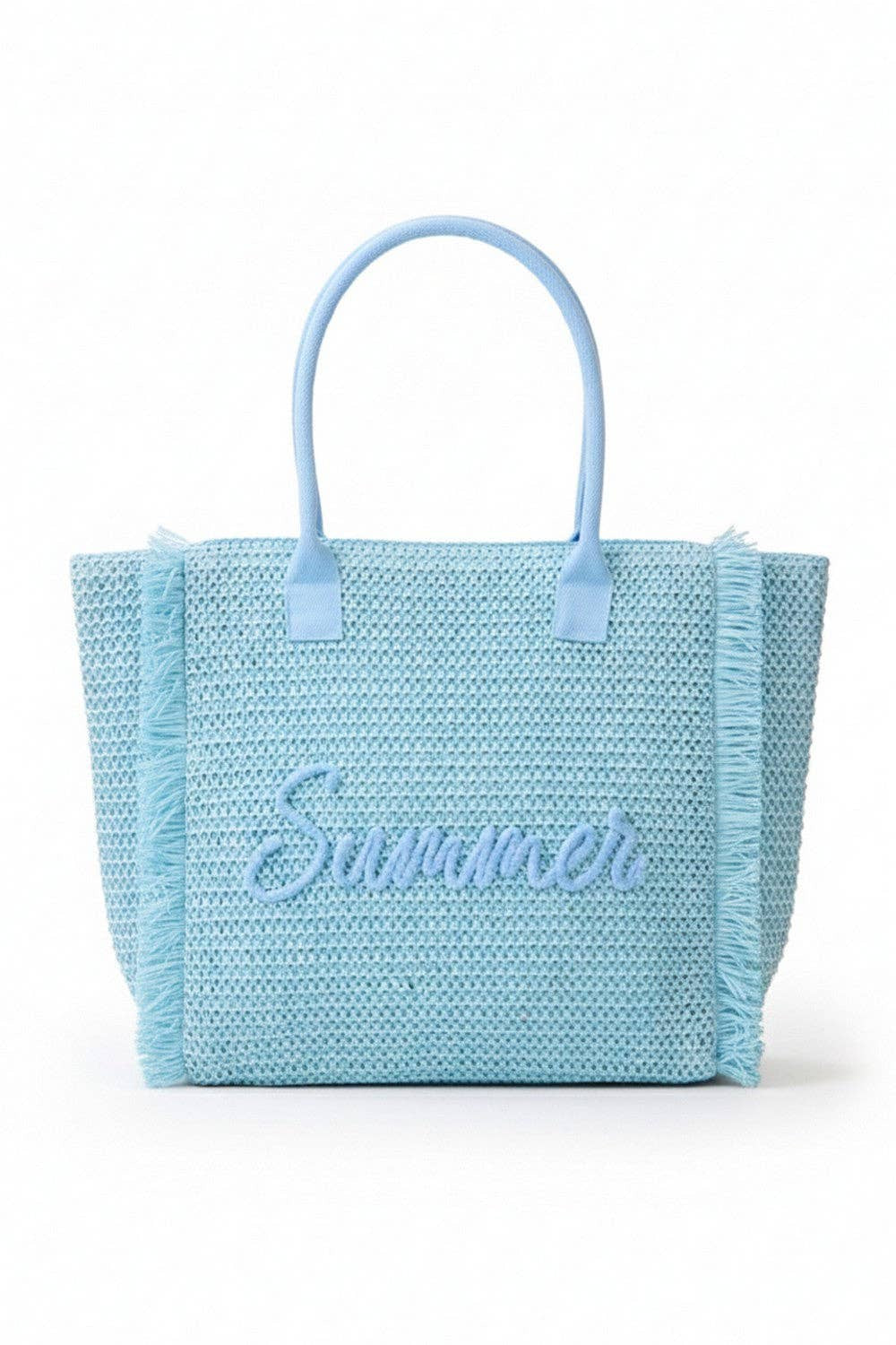 Woven Summer Embroidered Straw Fringe Tote Bag: Blue