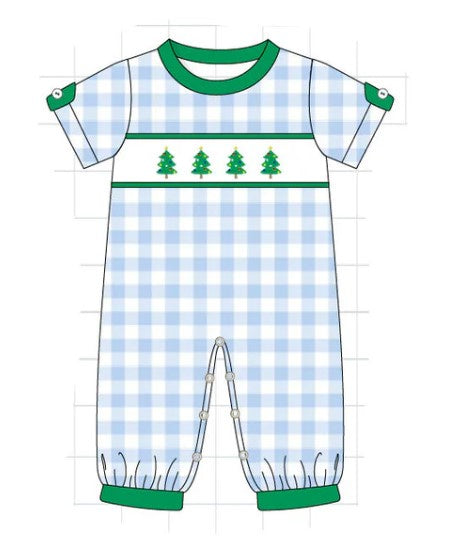 Blue Gingham French Knot Christmas Tree Romper