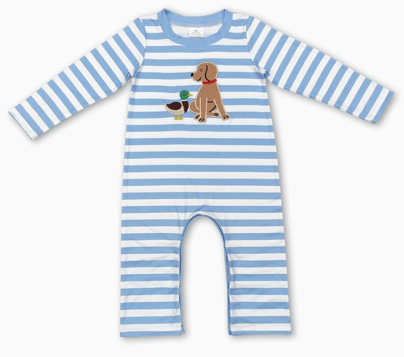 Blue Striped Dog Dog Duck LS Romper