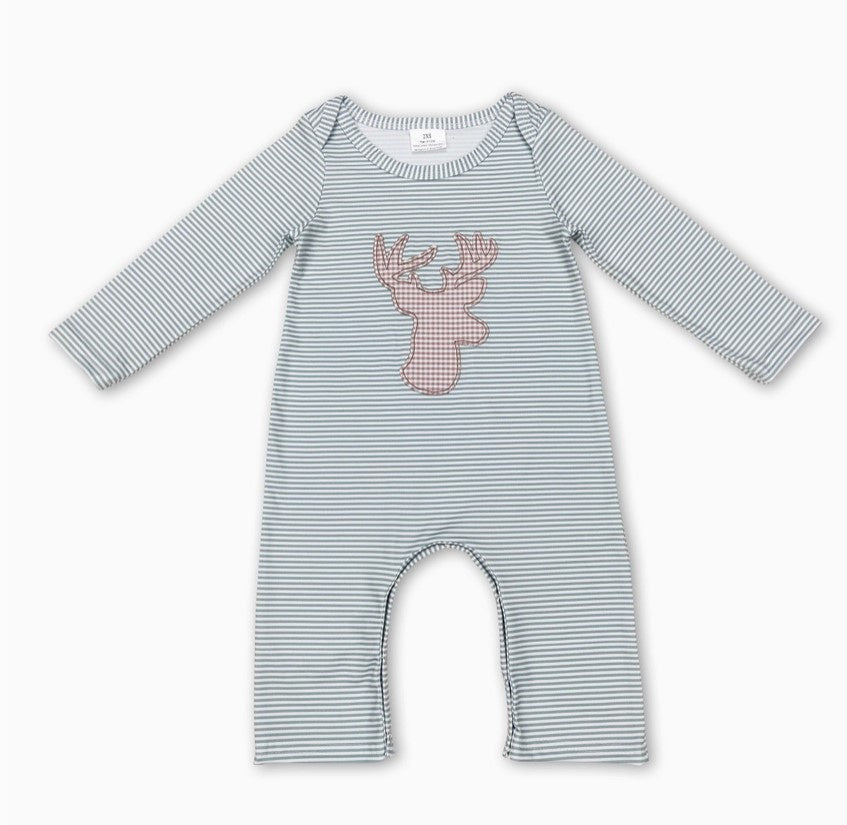 Green Stripe LS Deer Romper