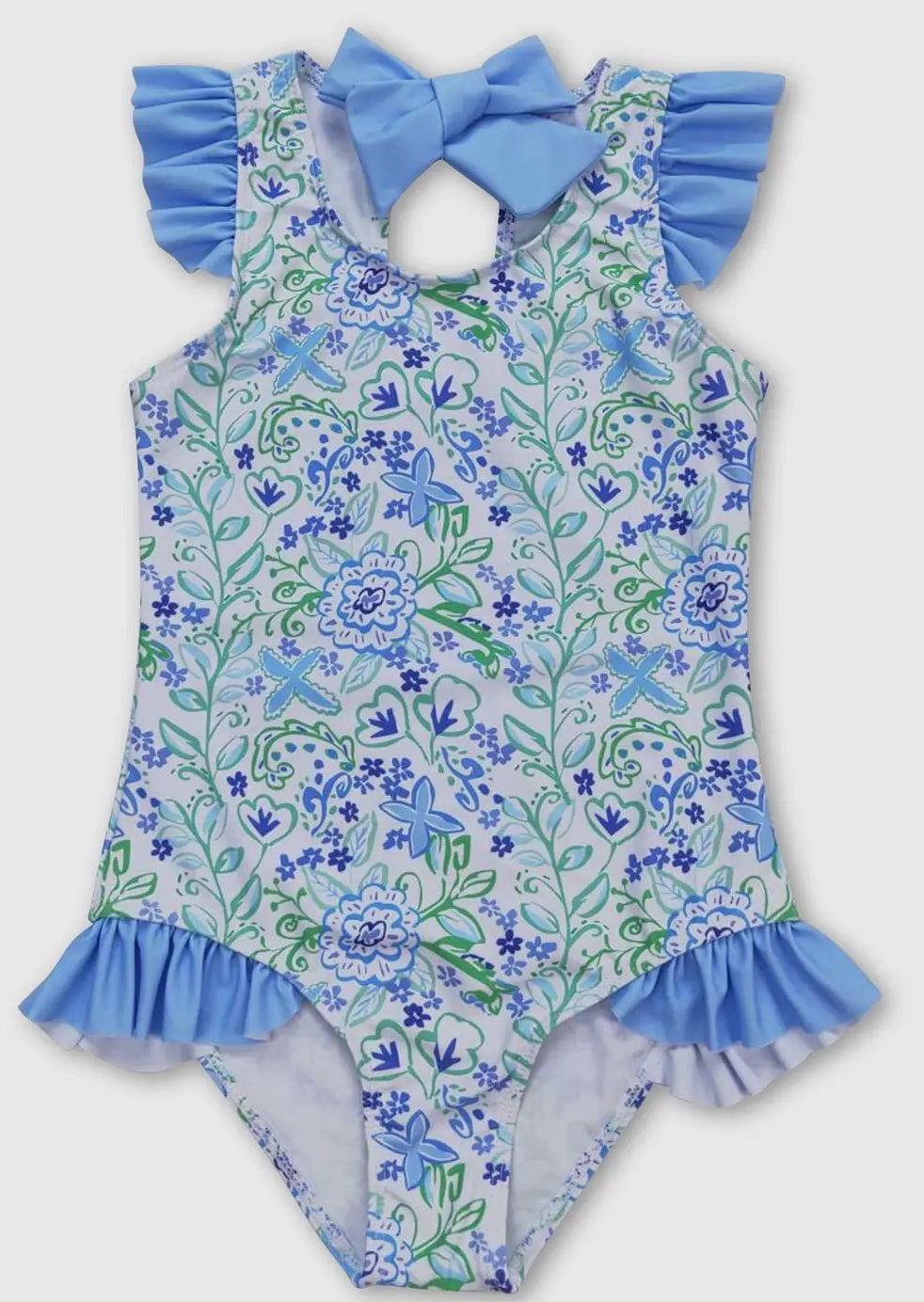 Blue & Green Floral Back Bow Swimsuit