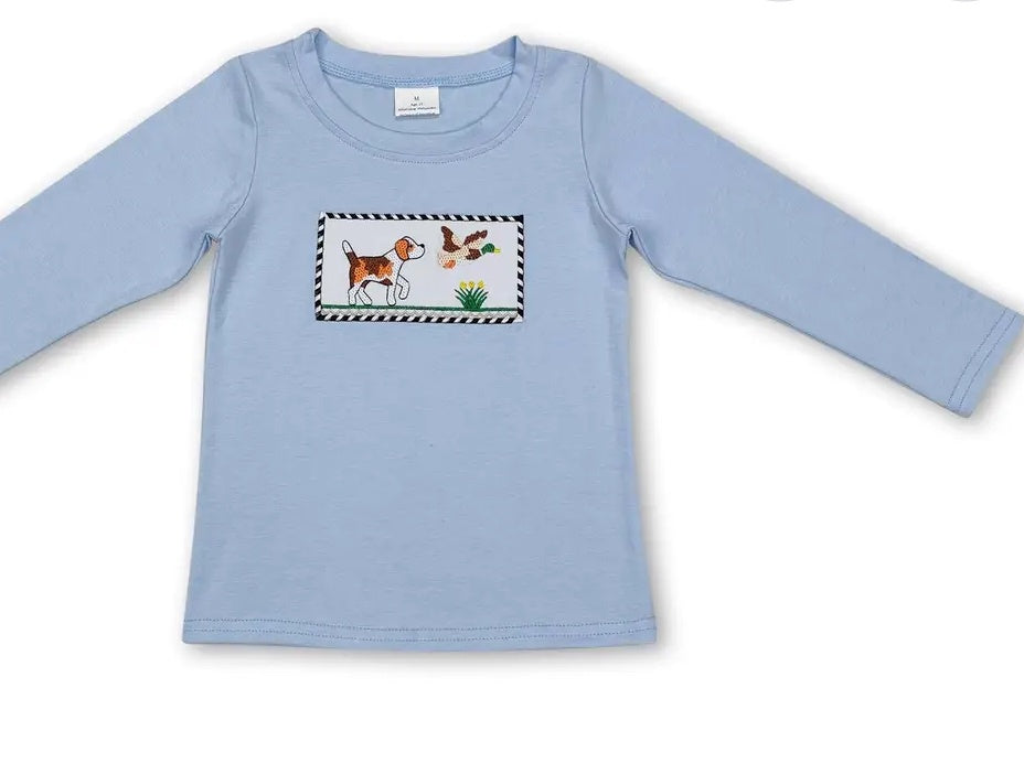 Blue Long Sleeve Duck Hunting Dog T Shirt