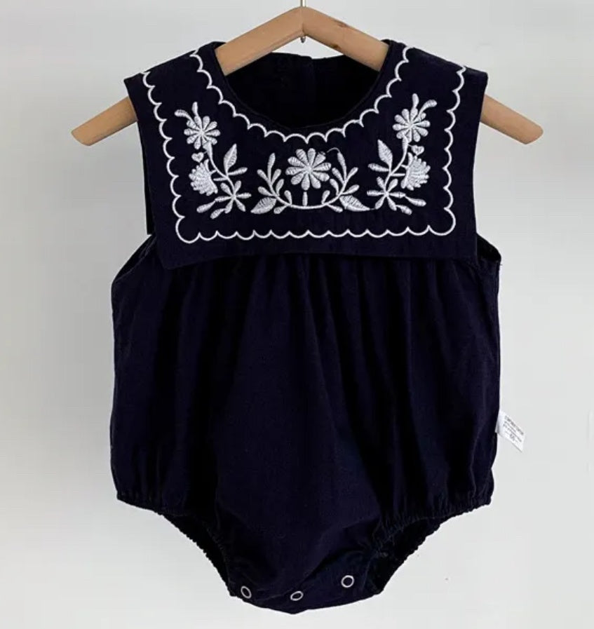 Navy Floral Embroidered Romper