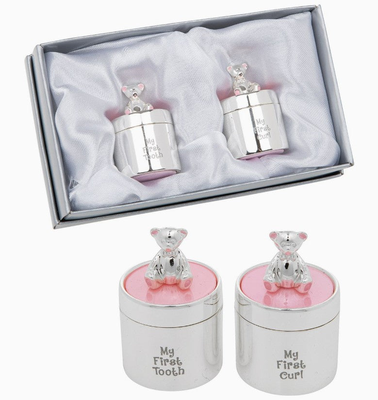 Pink Silver Enamel Teddy Bear First Tooth & Curl Set