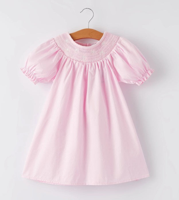 Girls Pink Smocked white bow embrd Dress