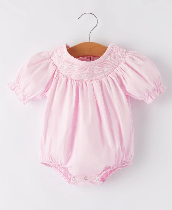 Girls Pink Smocked Embrd white bow romper
