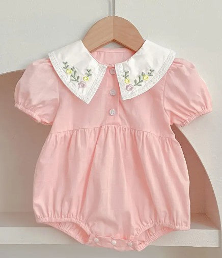 Embroidered Floral Collar Pink Baby Romper