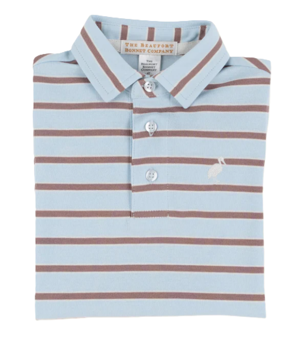 Prim & Proper Short Sleeve Polo-Buckhead Blue & Gray Brown Stripe