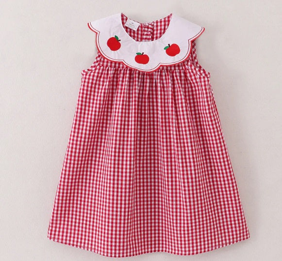 Red Gingham Embroidered Apple Dress