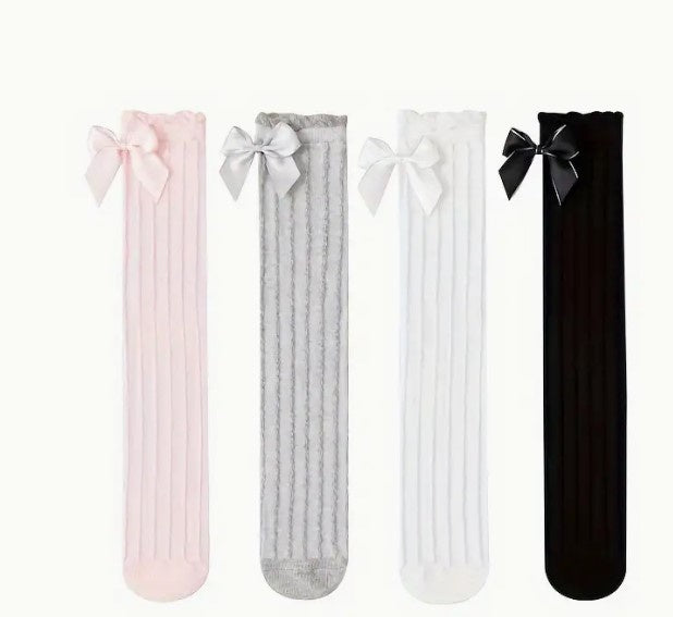 Ribbed Bow Knee High Socks
