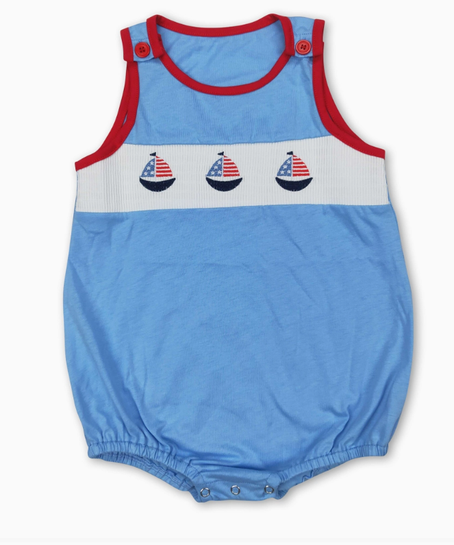 Blue Boat Smocked Boys Romper