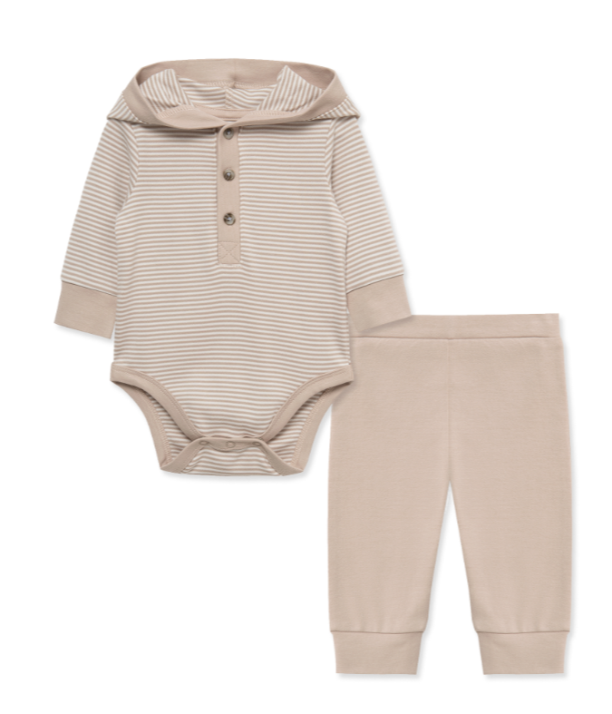 Little Me- Tan Stripe Hooded Bodysuit & Pant Set