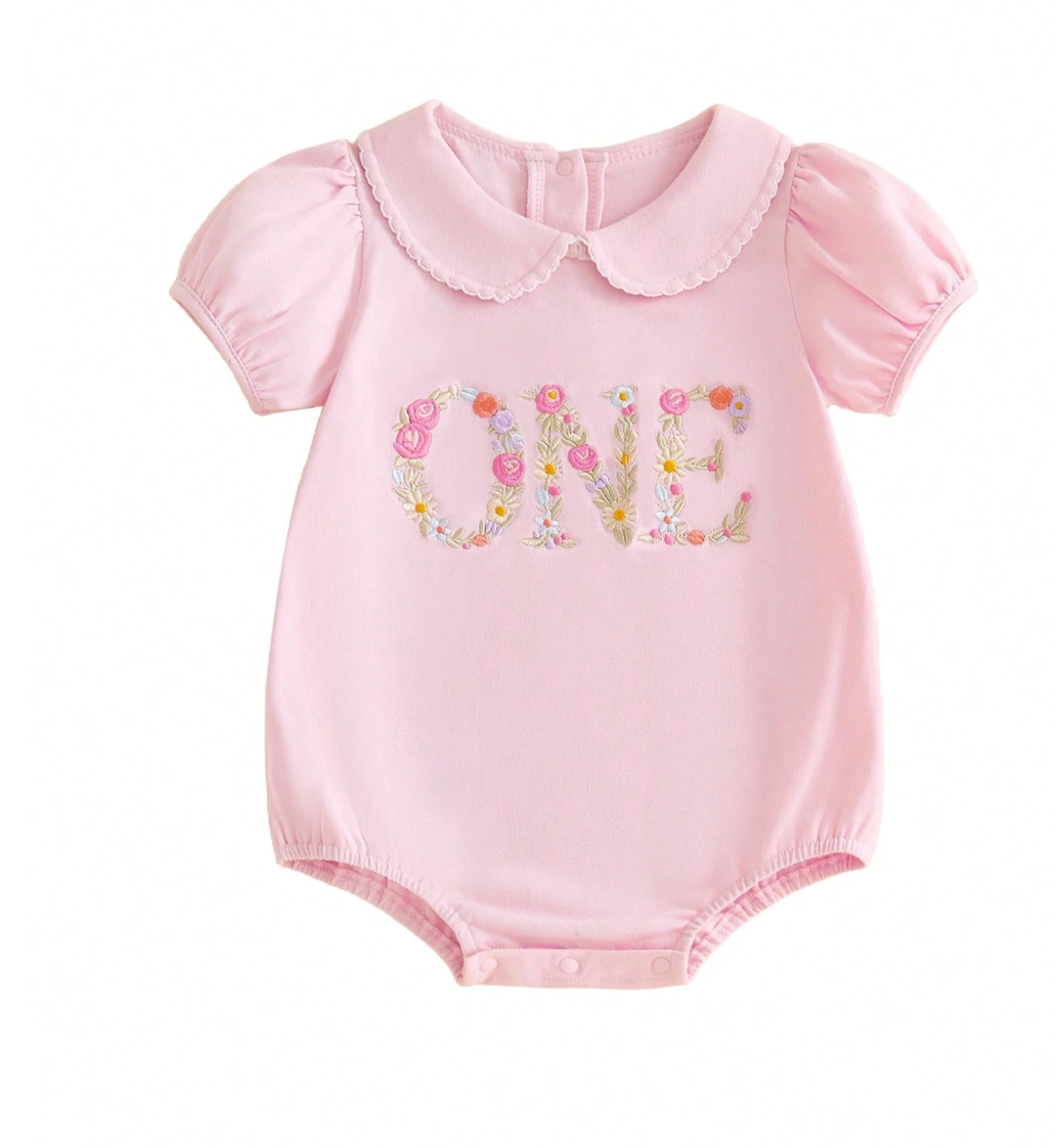 Pink Peter Pan Collar Floral Embroidered One Onesie