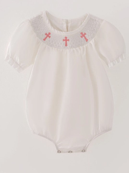 White Pink Smocked Cross Romper