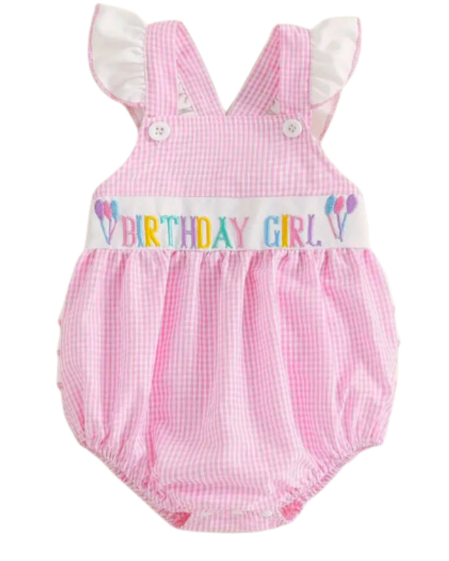 Pink Gingham Ruffle Butt Balloon Bday Romper