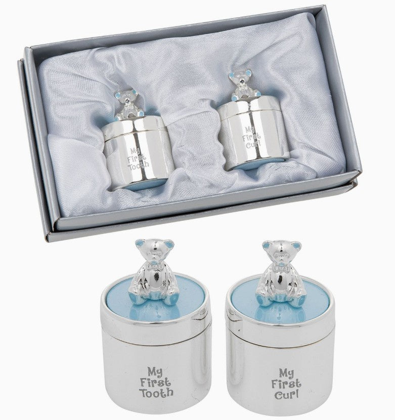 Blue Silver Teddy Bear First Tooth & Curl Set