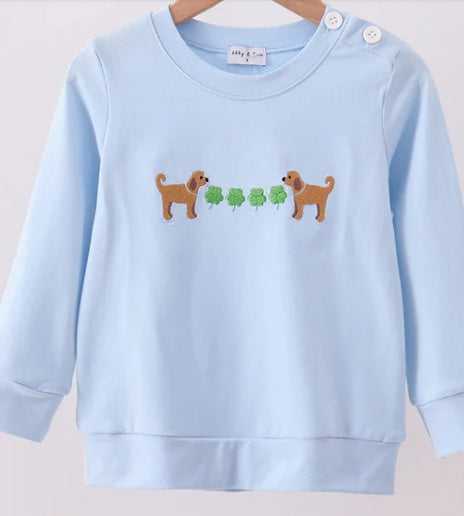 Embroidered Blue Puppy Shamrock Sweatshirt