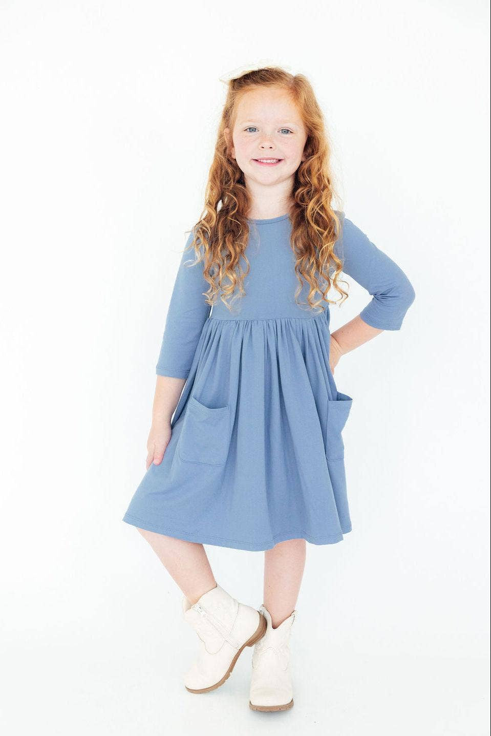 Dusty Blue 3/4 Sleeve Twirl Dress
