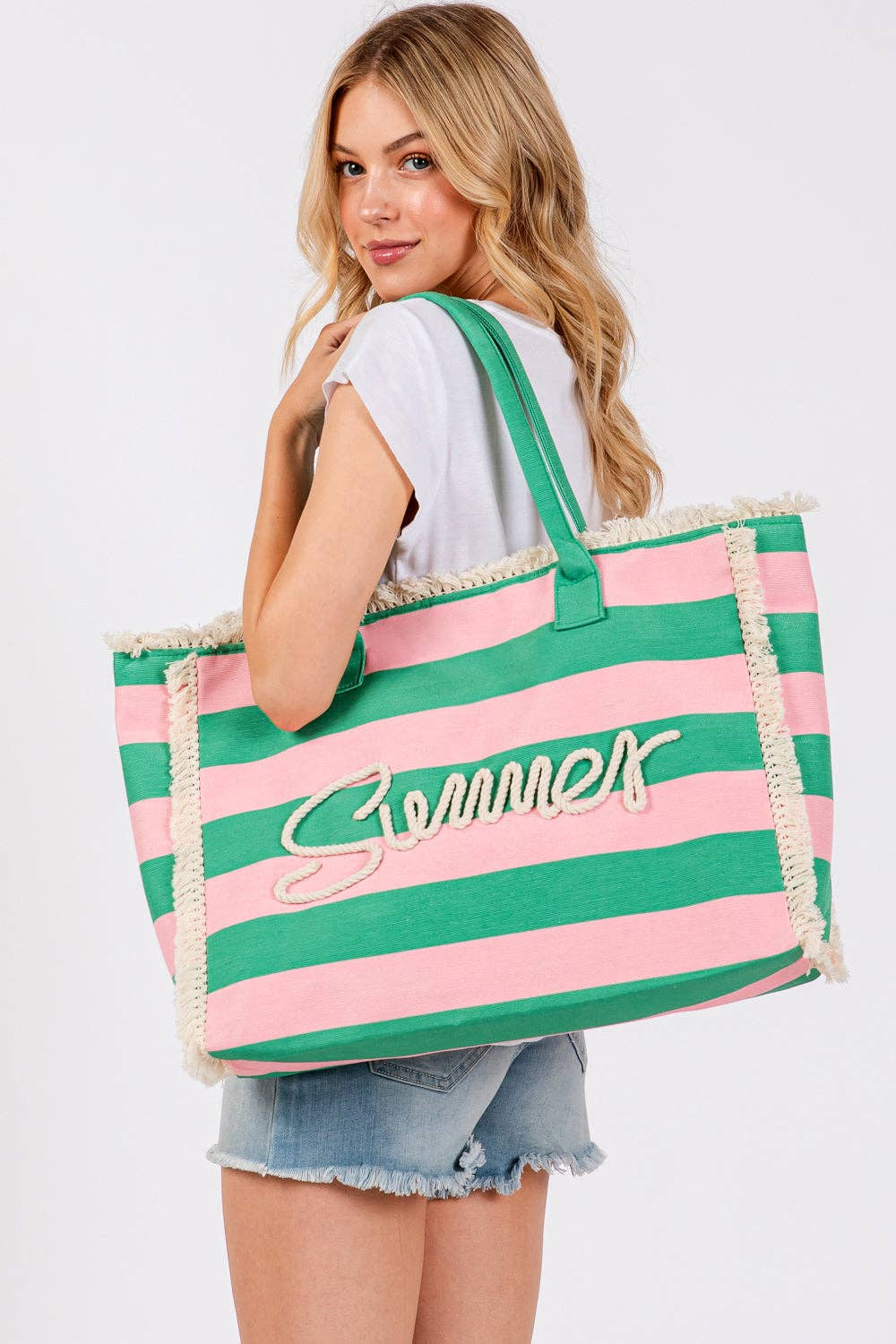Striped Rope Summer Letter Tote Bag: Pink/Green