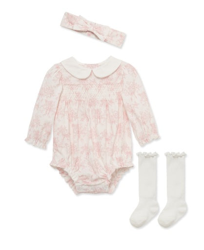 Pink Toile Smocked Bubble Gift Set