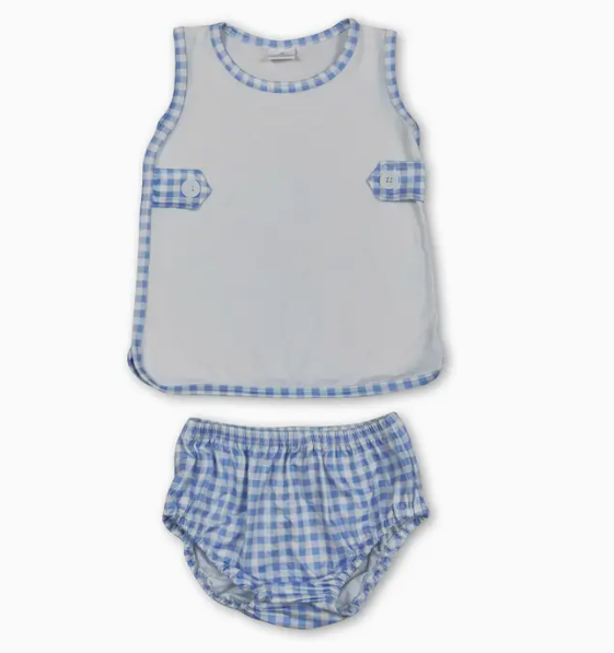 White Blue Gingham Boys Diaper Set