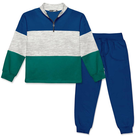 Boys Gray & Blue Color Block Jogger Set