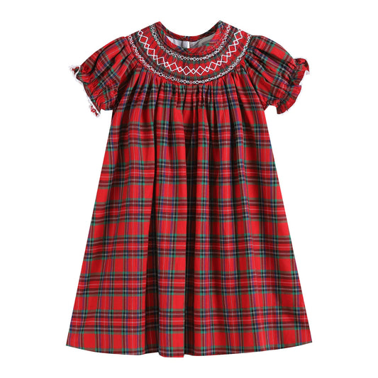 Red Christmas Plaid Smocked Bishop Dress: 6-12M