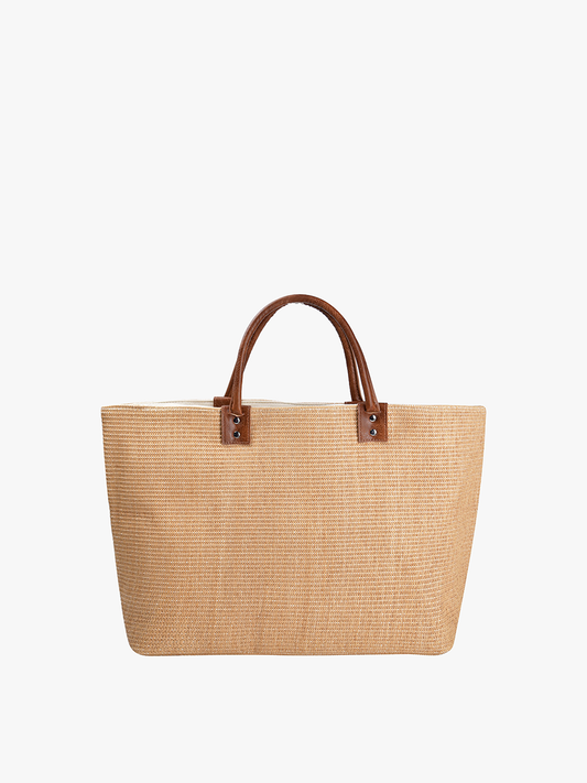Hazel Large Straw Tote w/ Dual Handles: Tan