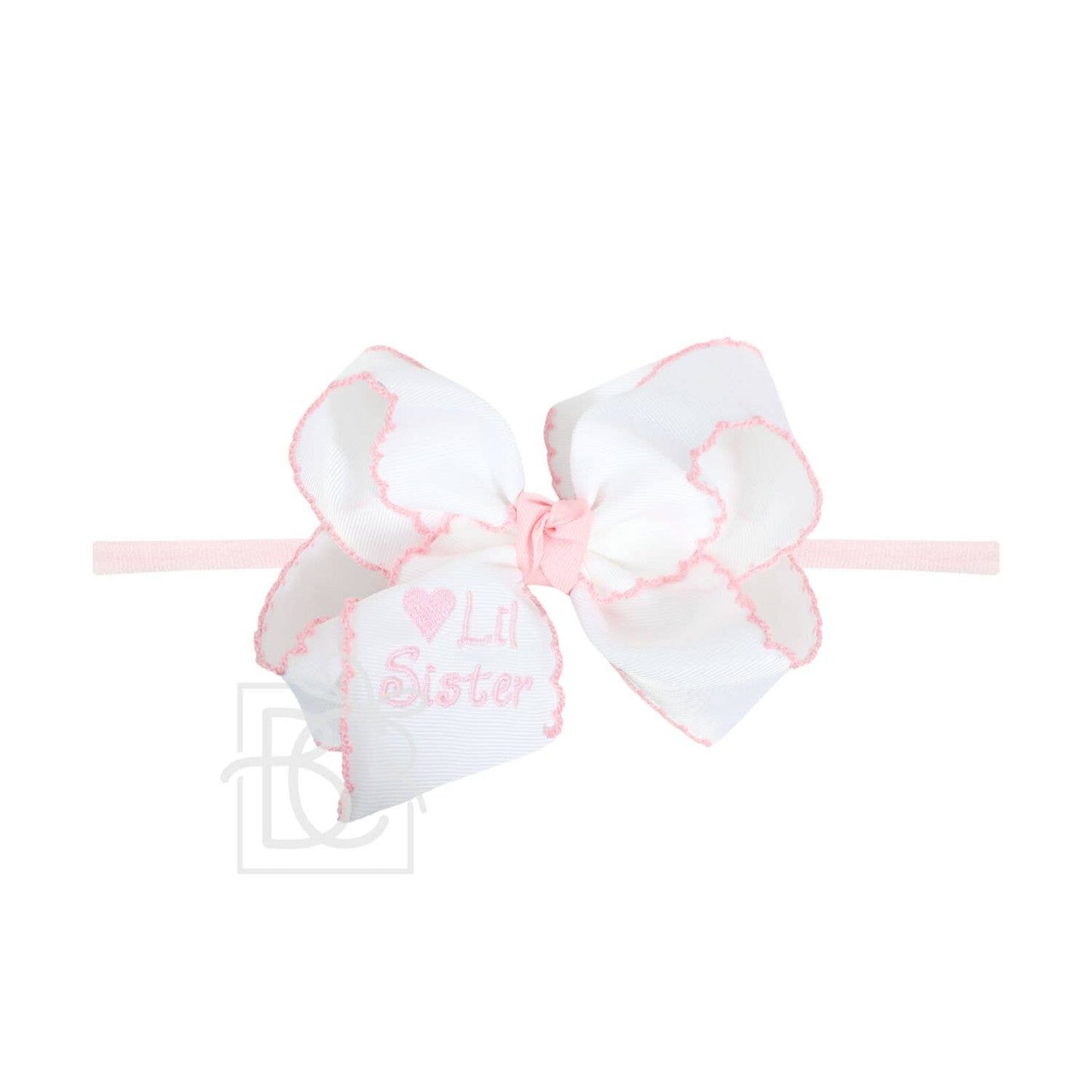 4.5 inch White w/ Pink Lil Sister Embroidered Bow