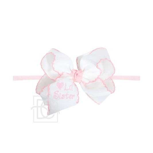4.5 inch White w/ Pink Lil Sister Embroidered Bow