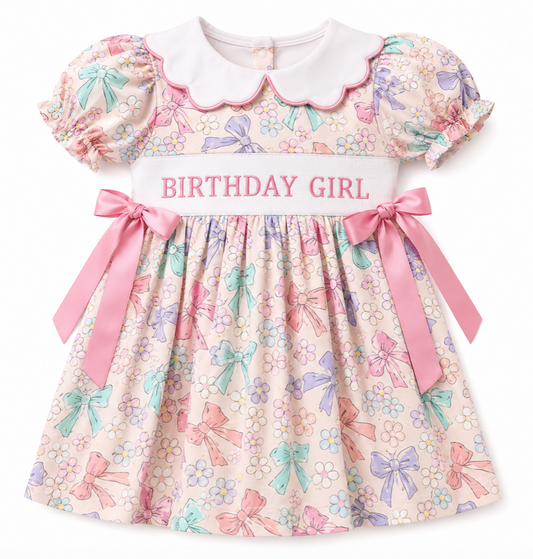 Smocked Scallop Collar Birthday Girl Dress