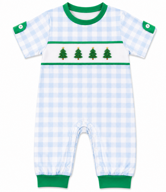 Blue Gingham French Knot Christmas Tree Romper