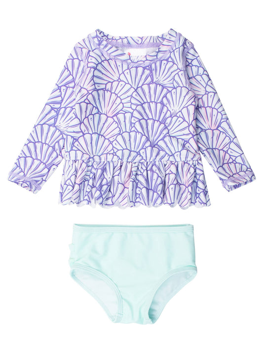 Mermaid Scallop Hem LS Rash Guard 2-Piece Swim