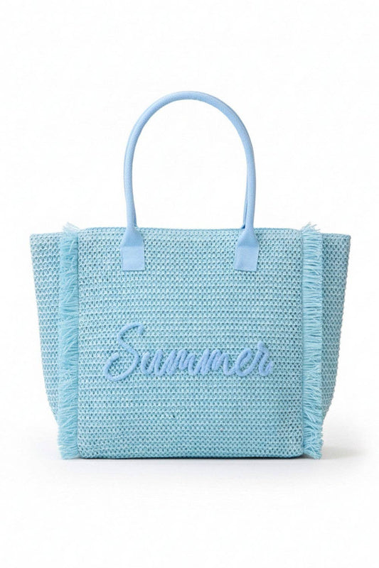 Woven Summer Embroidered Straw Fringe Tote Bag: Blue