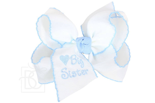 Embroidered Big Sister White Bow w/ Crochet Blue Edge