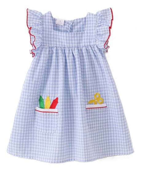 Blue Gingham Applique Crayon Dress