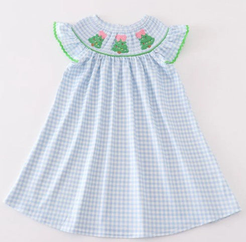 Blue Gingham Smocked French Knot Tree Dress