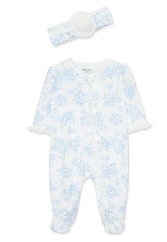 Blue Roses 2 Way Zip Footie with Headband