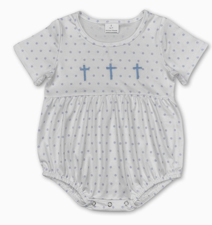 Blue polka dot Embd Cross Romper