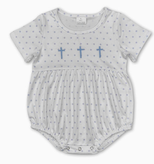 Blue polka dot Embd Cross Romper