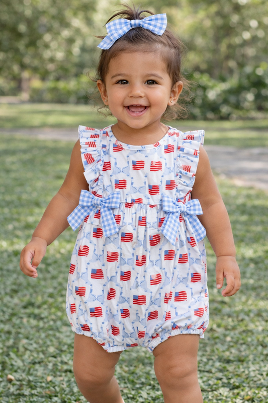 Flag Print Gingham Bow Romper