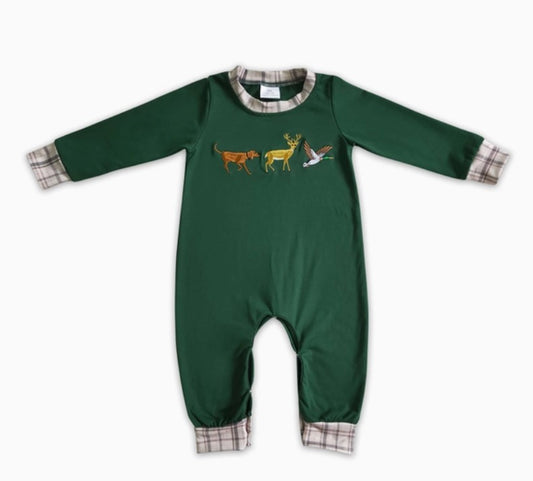 Green Dog, Duck, Buck LS Romper