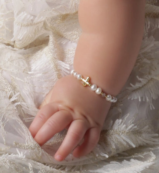 Gold Plated Pearl & Cross Bracelet