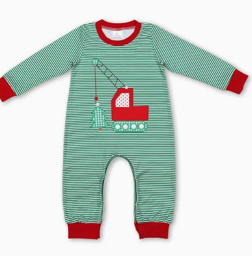 Green Stripe Excavator Christmas Romper