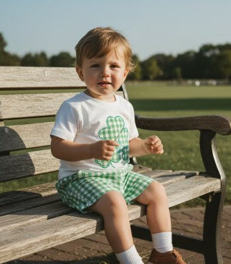 Green Gingham Boys 4 Leaf Clover Outfit