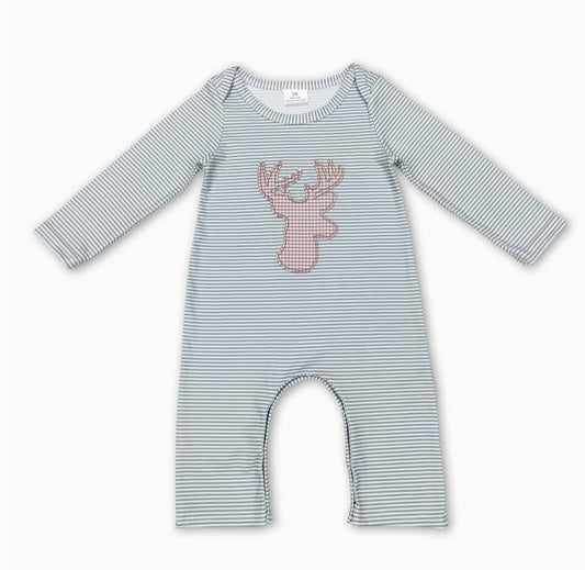 Green Stripe LS Deer Romper