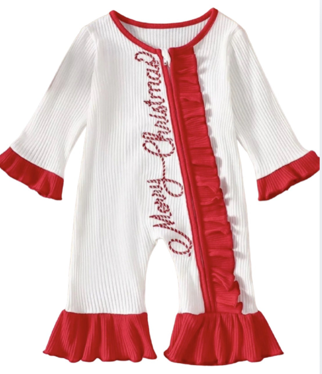 Merry Christmas White & Red Ruffle Romper